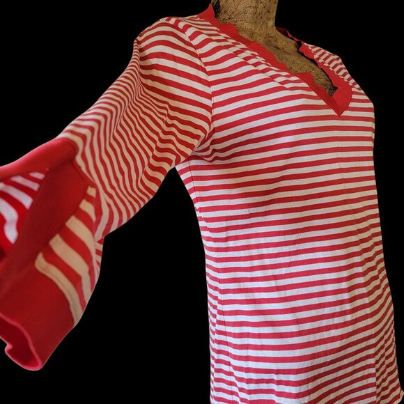 Red & White Striped 3/4 Sleeve Tunic Top With Notch Collar Size S - Picture 3 of 16